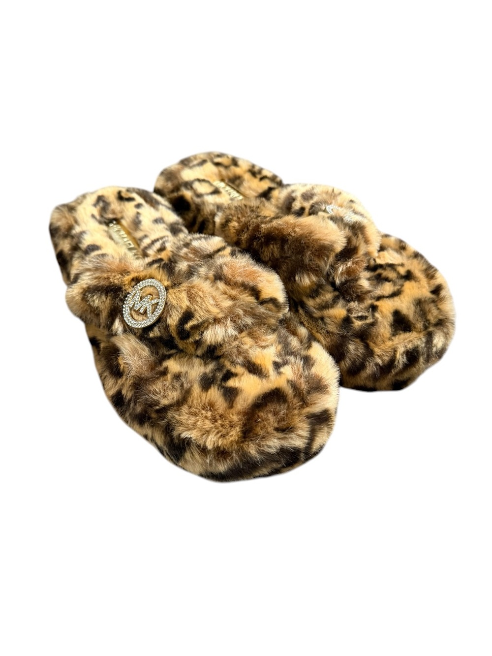 Michael Kors Leopard Faux Fur Slippers Rhinestone MK Logo Size 8M - Picture 4 of 10